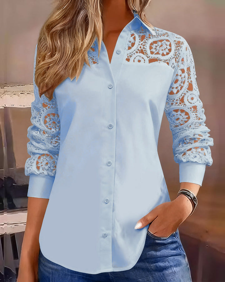 Solid Color Blouse with Lace Patchwork