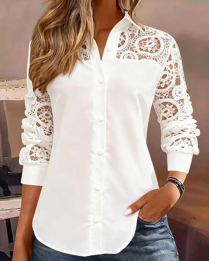 Solid Color Blouse with Lace Patchwork