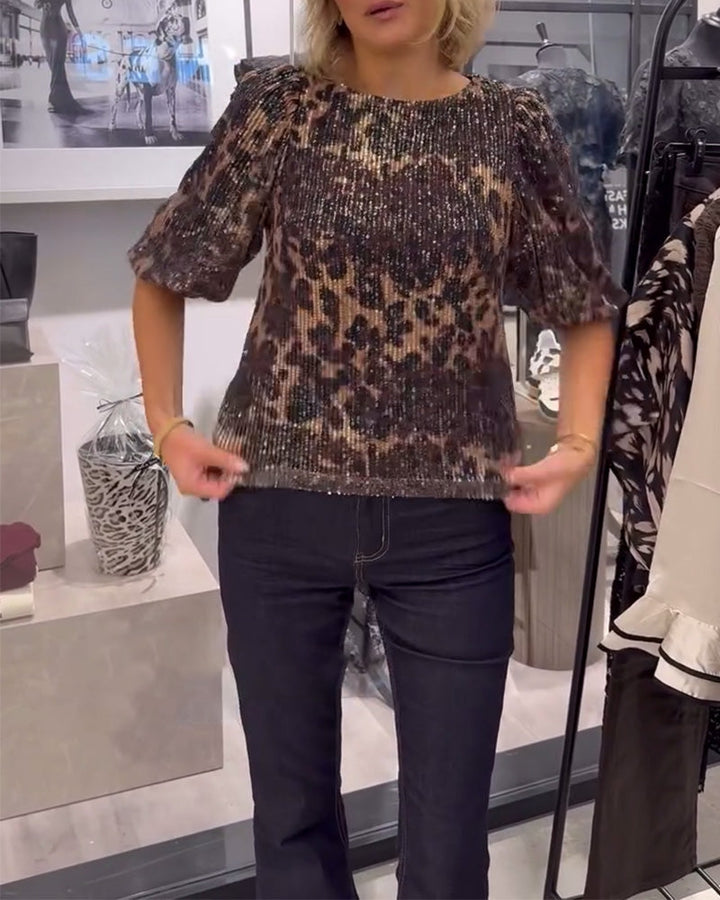 Leopard Print Sequin Lantern Sleeve Blouse