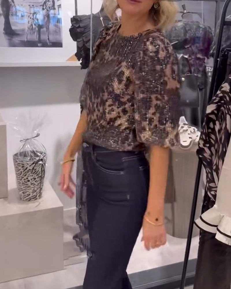 Leopard Print Sequin Lantern Sleeve Blouse
