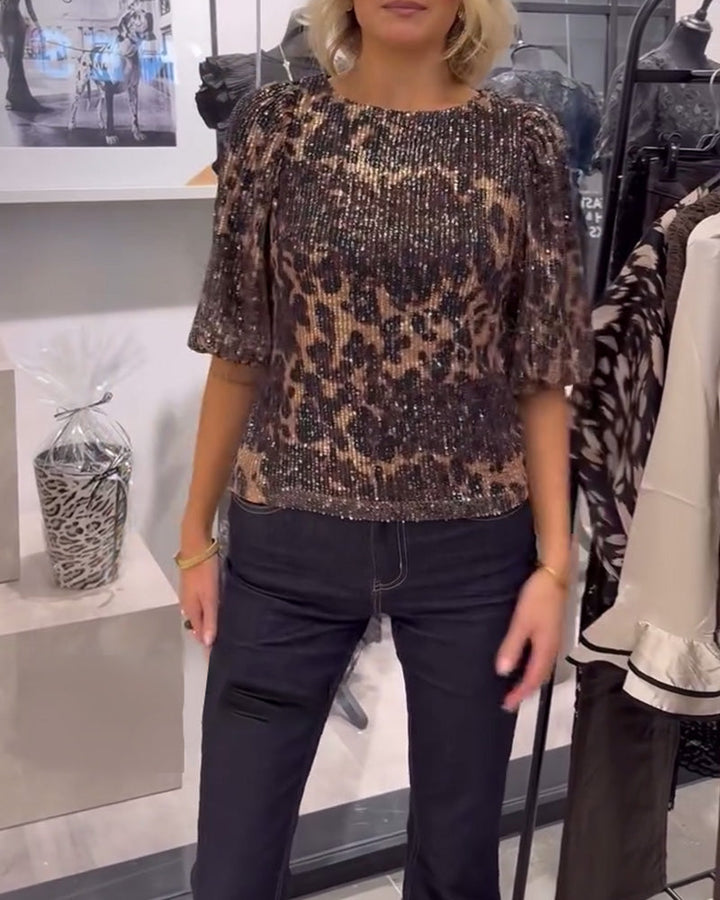 Leopard Print Sequin Lantern Sleeve Blouse