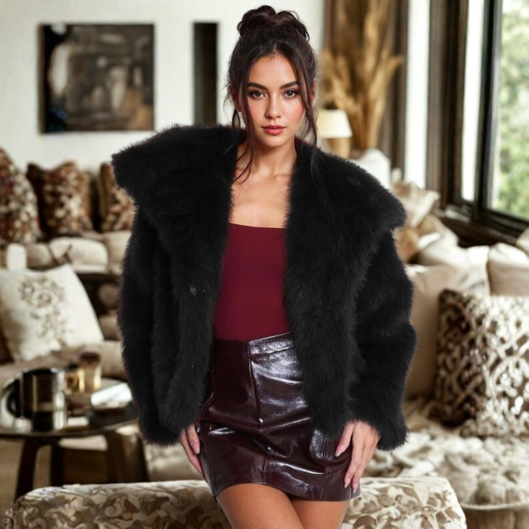 Corrine - Classy Long Sleeve Collared Fuzzy Coat 0